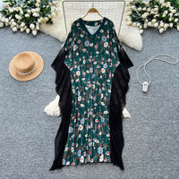 Robe longue décontractée pour femmes, imprimé floral, col en V, manches chauve-souris, patchwork en maille, pour tous les jours et les vacances