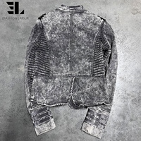 Veste Bomber en Jean Délavé Style Napoléon LARSUR, Coupe Slim, Col Montant, pour Moto, Veste Hussar en Jean Court
