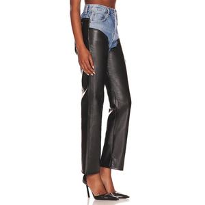 Pantalones Vaqueros de Mezclilla de Cintura Alta y Pierna Recta para Mujer, Diseño Especial, con Detalles en Cuero Sintético en Contraste - Product Image 2