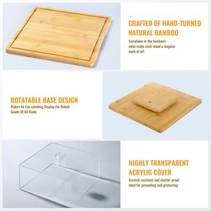 Acrylique Rotatif Carré Gâteau Stand Dôme Bambou <span class=keywords><strong>Fromage</strong></span> Tarte Cupcake Présentoir Spinner <span class=keywords><strong>Plateau</strong></span> De Service Couvercle pour Anniversaire Mariage - Product Image 2