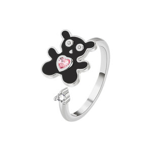 Anillo Giratorio de Oso de Peluche con Esmalte Negro, Zirconia Cúbica con Corte Corazón, Bañado en Oro sobre Cobre, Anillo Ajustable Abierto Antiestrés, Joyería para Niñas - Product Image 1