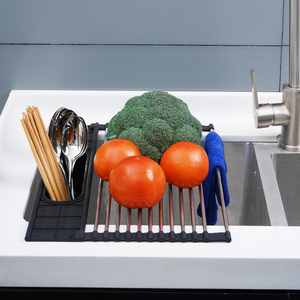 Kitchen Organizer Foldable Dish Rack Roll up Dish Drying Rack 304 Stainless Steel Roll Up Over The Sink with Utensil Holder