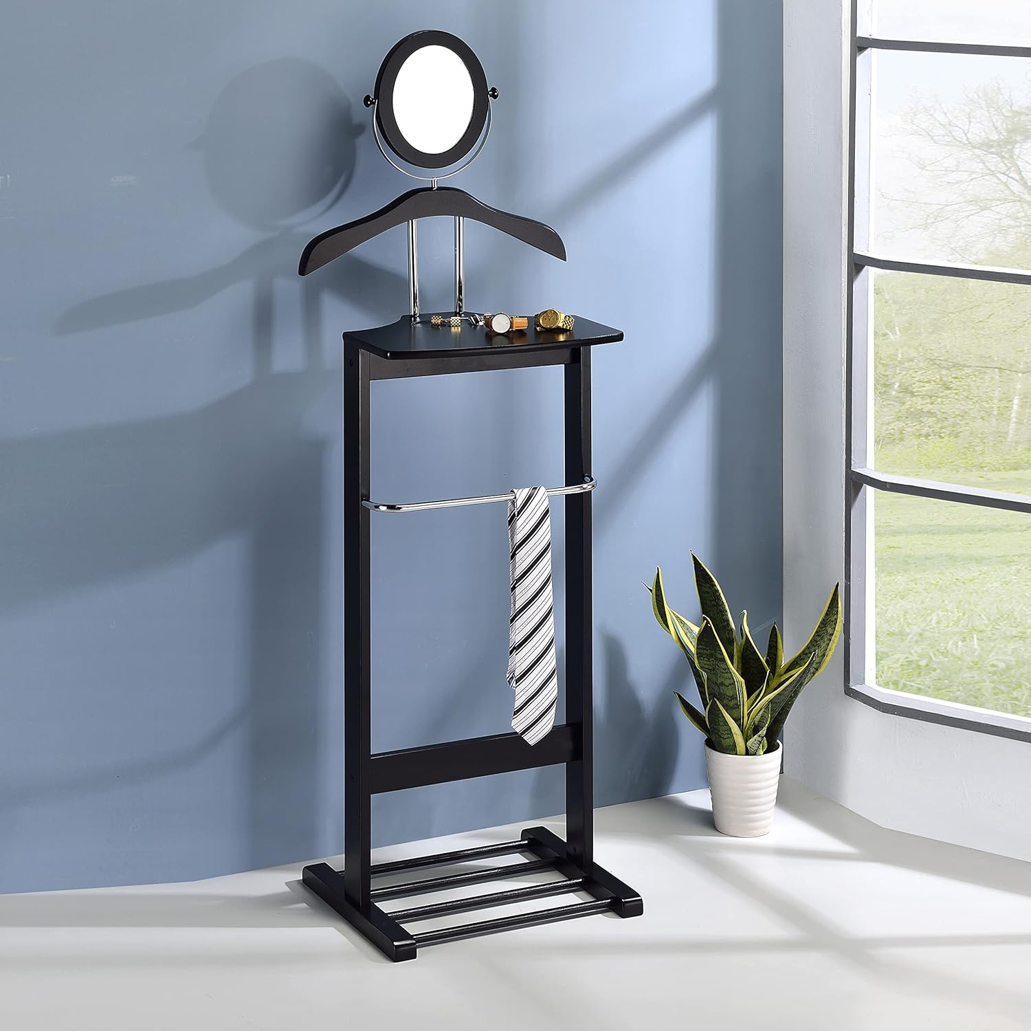 RajoNN Hardwood Clothes Valet Stand Wardrobe Suit Valet Stand Organizer Suit Hanger,With Drawer Trouser Bar And Tie & Belt Bar Shoe Rack