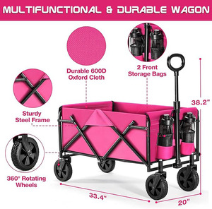 折りたたみ式ホイール付きワゴンカート-折りたたみ式ユーティリティワゴンヘビーデューティー、アウトドアキャンプ用全地形対応ホイール、ピンク - Product Image 3