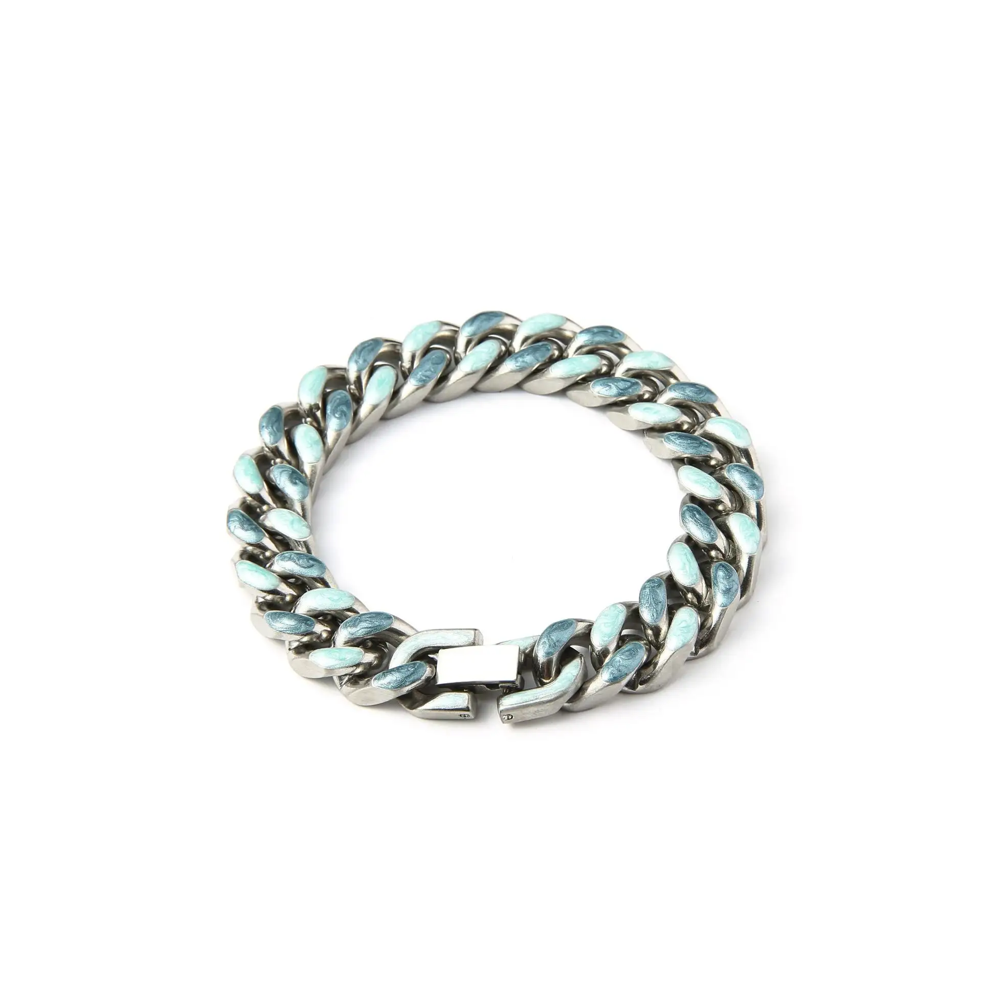 Bracelet chaîne cubaine émail bleu rose 11mm Bracelet homme en acier inoxydable