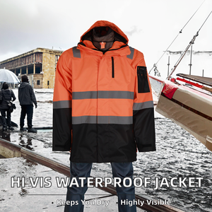 Chaqueta de Trabajo de Seguridad Reflectante de Alta Visibilidad ANSI Clase 1 para Hombre, Chaqueta Impermeable de Poliéster Naranja con Capucha - Product Image 3