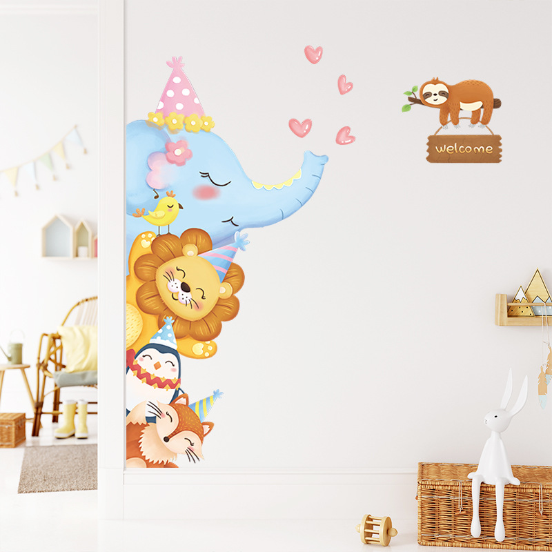 Pegatina de pared combinada de animales de dibujos animados, calcomanías de sombrero feliz de animales de dibujos animados, papel tapiz decorativo para sala de estar