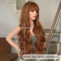 Perruque en soie domestique de style ondulé avec frange, cheveux bouclés extra longs de 32 pouces, brun abricot, pour femmes, fabriquée à la machine, naturelle et volumineuse