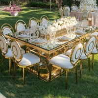 Ensemble table et chaises de mariage en acier inoxydable doré au design moderne de haute qualité pour hôtels et événements, mobilier de salle à manger miroir