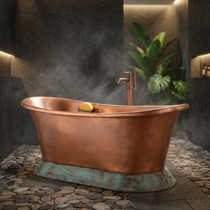 Baignoire autoportante de luxe en cuivre ovale avec jupe, finition cuivre rustique, baignoire de trempage sans couvercle pour salle de bain - Artisanat indien - Product Image 3