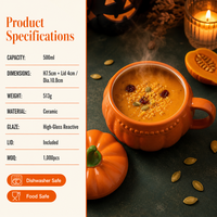 Mug en céramique en forme de citrouille d'Halloween avec couvercle 500 ml, logo personnalisé, OEM, ODM, vente en gros, cadeau saisonnier, tasse à café