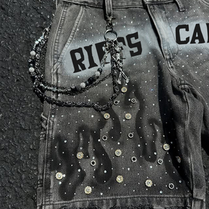 Diznew ดีไซเนอร์กางเกงยีนส์ rhinestone กางเกงขาสั้นสำหรับผู้ชายที่ล้างกรดสีดำ streetwear กางเกงขาสั้นประดับเพชร - Product Image 3