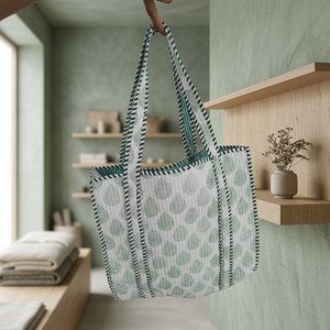 Sac fourre-tout en tissu de coton bohème à imprimé floral vert, style preppy, fermeture ouverte, pour l'été, l'hiver et le printemps - Product Image 3