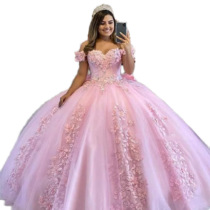Vestido de Quinceañera Rosa con Hombros Descubiertos, Encaje Floral 3D, Corsé de Corazón, Tul, Estilo Princesa, para Boda, Fiesta de 16 Años, Gala Formal - Product Image 1