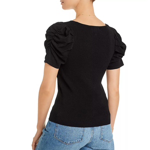 Manches courtes d'été En Nylon Serré Col Rond Manches Bouffantes Élastique Flambage Pull <span class=keywords><strong>Chemisier</strong></span> femmes tops - Product Image 2