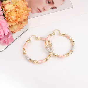 Women's Simple Tri-color Threaded Ring Earrings 14 Gold Plated Pink Twist Large Hoop Earrings