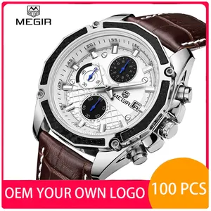 خصص شعارك الخاص MEGIR 2015 2015G ساعة رجالي كوارتز بحزام جلدي تناظرية كرونوغراف تقويم ساعات يد رياضية ل Reloj