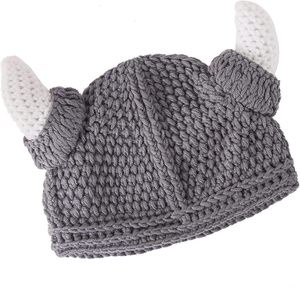 Gorro de Punto Vikingo para Bebé con Cuernos, Gorro de Lana Estilo Bárbaro, Gorro Tejido a Mano para Adultos, Color Gris - Product Image 2