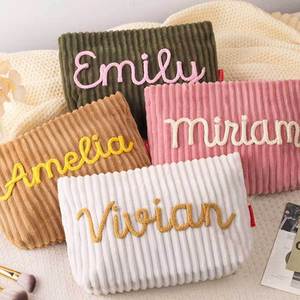 Custom Name Corduroy Makeup Bag Embroidered <b>Cosmetic</b> Pouch Portable Toiletry <b>Organizer</b> for Travel - Product Image 2