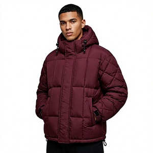Men's <b>Burgundy</b> Hooded <b>Puffer</b> <b>Jacket</b> Padded Winter Coat Warm Zip Up Outdoor Streetwear Custom Private Label Apparel OEM ODM - Product Image 1