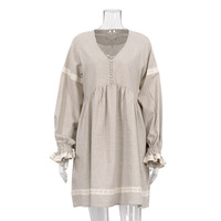 Robe ample en coton et lin à col en V et manches lanternes pour femme, élégante, style français, idéale pour le quotidien