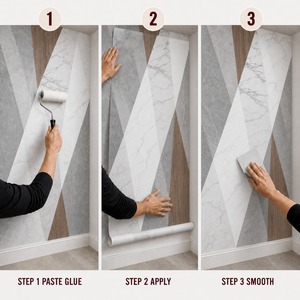 Panneau mural triangulaire personnalisé en toile huilée, motif géométrique marbre et bois - Product Image 5