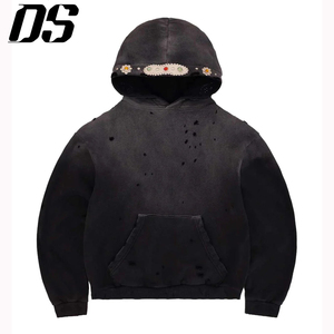 Lasted Tops Washed Grey Crystal Distressed <strong>Hoodie</strong> 500gsm Street Wear Y2k Cropped Fit Pullover <strong>Hoodie</strong> Custom Clothing <strong>Manufacture</strong> - Product Image 1