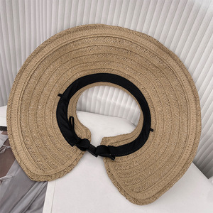 Visières <span class=keywords><strong>de</strong></span> soleil en paille tressée pour femmes, chapeaux <span class=keywords><strong>de</strong></span> <span class=keywords><strong>plage</strong></span> à large bord à motif géométrique avec nœud papillon, chapeaux d'été pliables UPF50+ - Product Image 6