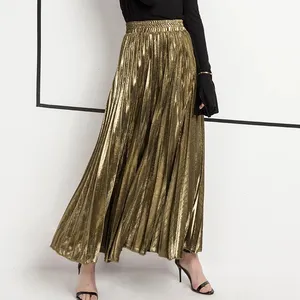 Plus Size XXL Spring Metallic Pleated Maxi Skirt High Waist Harajuku Large Swing Gold Long Skirts For Women