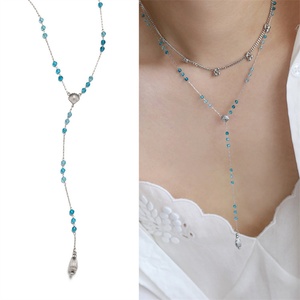 Colliers longs à pampilles en acier inoxydable avec pendentif coquillage et cristal bleu pour femmes, vente en gros - Product Image 5