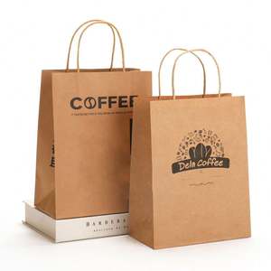 Sacs en papier kraft avec poignées, sacs à emporter pour cafés, sacs à emporter pour restaurants, logo de marque personnalisé, plusieurs options de couleurs disponibles. - Product Image 2