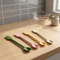 Set Spatula & Sendok Selai Silikon 4 Warna, Gagang Panjang 26cm, Alat Oles Mentega Dua Sisi untuk Roti Sarapan, Krim & Persiapan Dapur