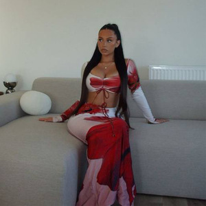 Women Floral Print Drawstring Long Sleeve Skirt <b>Set</b> Casual Breathable <b>Knitted</b> Polyester FDC0924 - Product Image 2