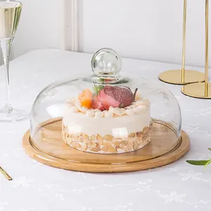 Cupola di Cloche decorativa rotonda in vetro trasparente per esposizione di Dessert per torte per alimenti domestici con Base in bambù