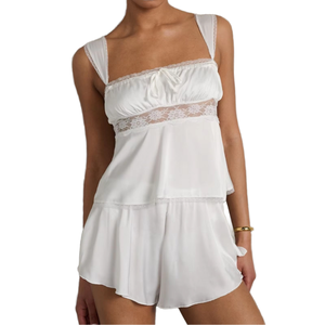 Pyjama de luxe personnalisé ODM pour femme en satin tissé, respirant, thermique, séchage rapide, taille élastique, sans manches, printemps - Product Image 1