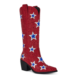 WETKISS Rhinestone Patriotic Western <strong>Boots</strong> Red Crystal Stars Cowgirl <strong>Boots</strong> <strong>Sparkly</strong> Chunky Heel Tall <strong>Boots</strong> for Music Festivals - Product Image 1
