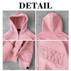 Sudadera con capucha vintage pesada de 450 g/m² con cremallera completa, efecto desgastado por el sol, lavado ácido, logotipo personalizado y bordado con patchwork del fabricante - Product Image 4