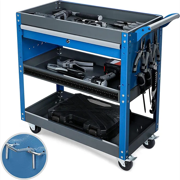 JH-Mech 3 Tier Rolling Tool Cart with Drawers Stamping Sturdy Structure Powder Coated Steel Rolling Tool Box Trolley Cart