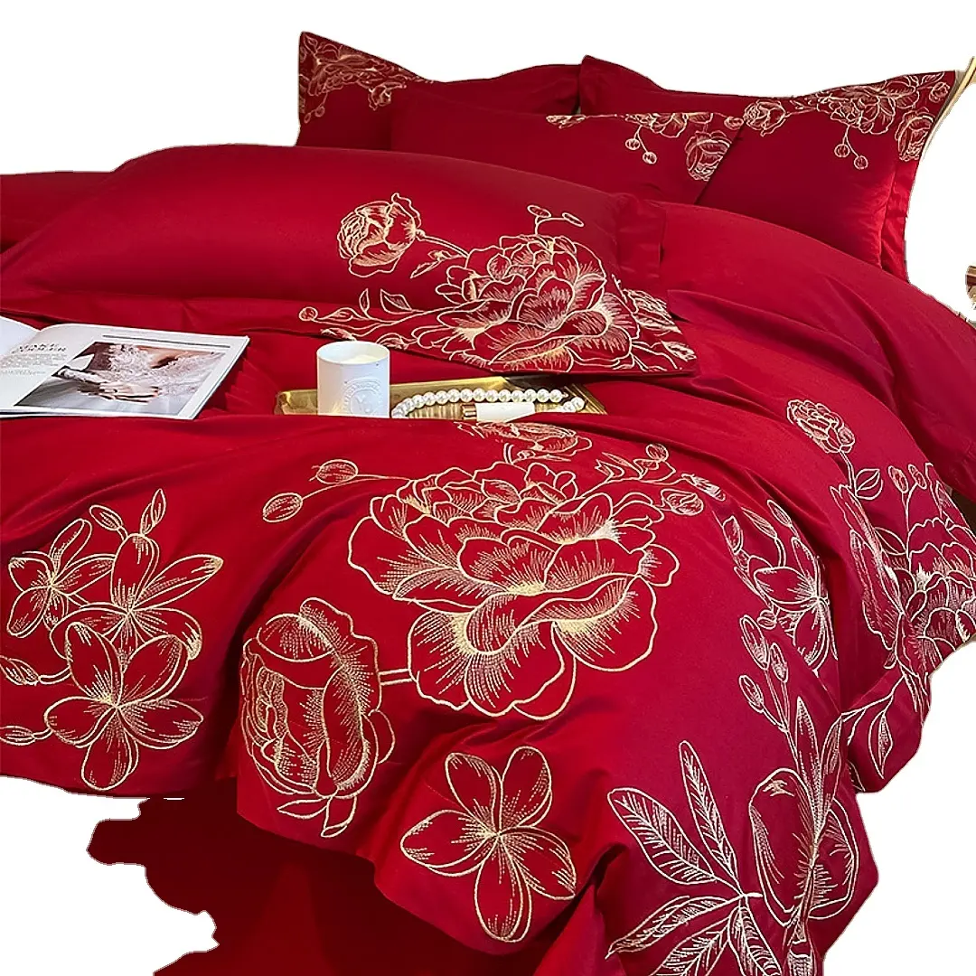 Conjunto de cama luxuoso de algodão egípcio 100s com bordado de flores para cama, lençol e fronhas de linho, padrão M