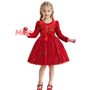 Vestido de Princesa con Lentejuelas Rojas Brillantes de Manga Larga para Niñas, para Navidad, Año Nuevo, Bodas y Celebraciones - Product Image 1