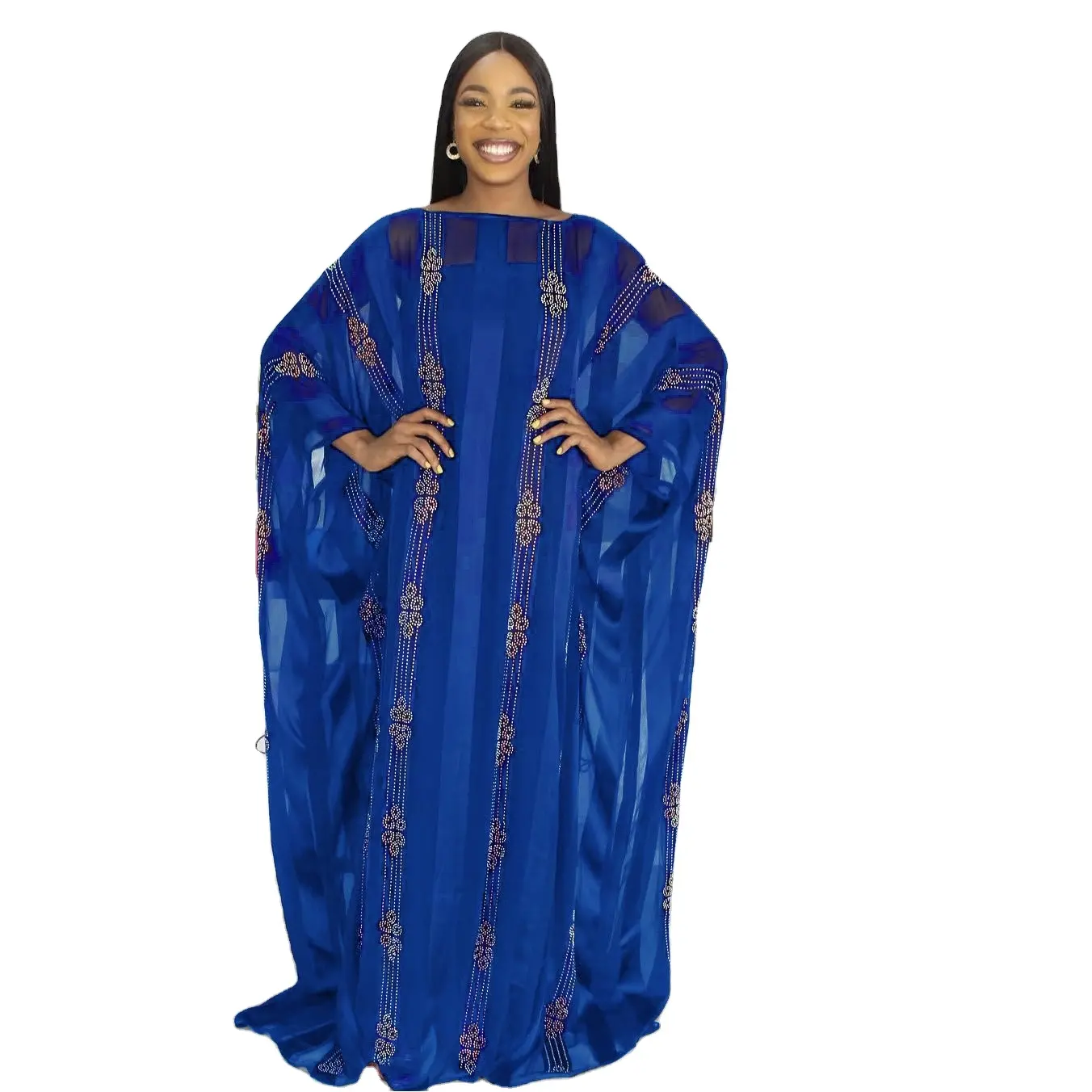 African Women Summer Blue Dress Set With Scarf Imitated Silk Fabric Dresses Plaid Floral Printed Robe Femme K0235