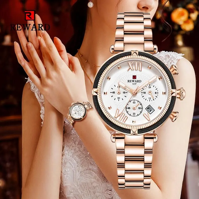 Reloj con correa de cuero y acero para mujer, cronógrafo de lujo, resistente al agua, personalizado, con logotipo oem, venta al por mayor