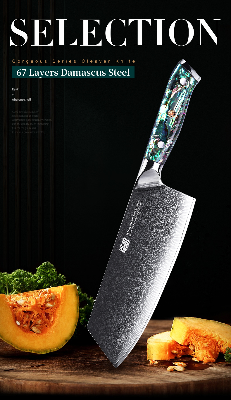 FINDKING Gorgeous Series 67 Layers Damascus Steel Kitchen Knives Abalone Resin Handle Professional Butcher Meat Cleaver Knife
