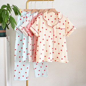 SUHE PJ-1469 Sweet Heart Digital Printed Front Pajamas Women Short Sleeve Long <b>Pants</b> Pure Cotton Thin Summer Loungewear Home - Product Image 1