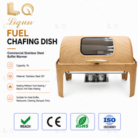 Réchaud de buffet rectangulaire LQ, grain de bois chêne clair, 9L, couvercle incurvé en acier inoxydable 201, fenêtre en verre, poignée dorée, réservoirs de combustible