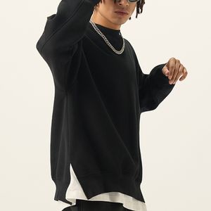 Fashionable Plus Size 100% Cotton Split Hem Plain Sweatshirt <strong>Longline</strong> O-Neck Turtle Neck Jogging Casual <strong>Jumpers</strong> - Product Image 2