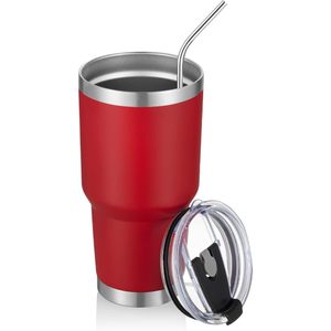 Tasse à café de voyage isolée de 30 oz double aspirateur en acier inoxydable enduit de poudre durable avec couvercles en caoutchouc et pailles en PC - Product Image 1