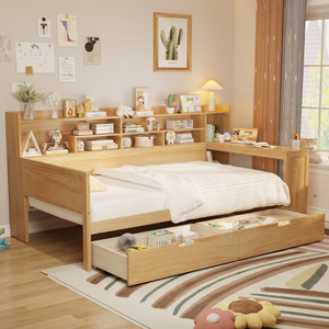 Modern Solid Wood Full/<b>Queen</b> <b>Size</b> Daybed with Storage Shelves Two Storage Drawers Desk-Eco-Friendly & Durable Bedroom <b>Bed</b> - Product Image 1