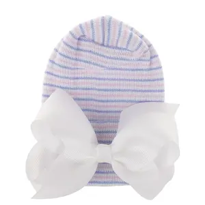 2024 Newborn Baby Knit Hat with Large Ribbon Bow Infant Hospital Hat Baby Warm Beanie Bows for Headwear Knitted Headwrap Turban