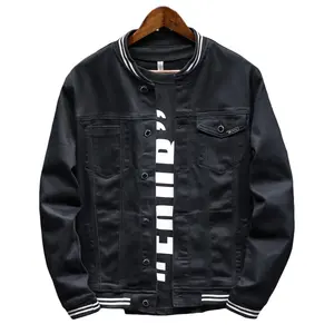 Estilo de béisbol Hombres Jeans Chaquetas Invierno Negro Casual Negro Chaqueta de mezclilla